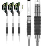 Three Ikon 1.2 tungsten darts with black ringed grips and one close-up showing barrel texture, isolated on white background