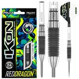 Ikon 1.2 85% tungsten steel tip darts with packaging, close-up on ringed barrel grip, full assembled dart for steeltip play