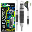 Steel tip tungsten darts set with textured black grip barrels, packaging, and close-up of flight and shaft details