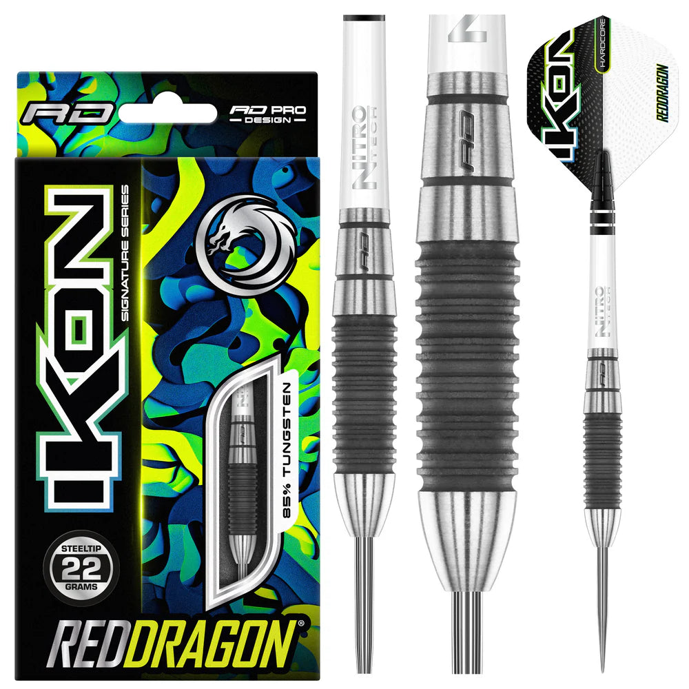 Steel tip tungsten darts set with textured black grip barrels, packaging, and close-up of flight and shaft details