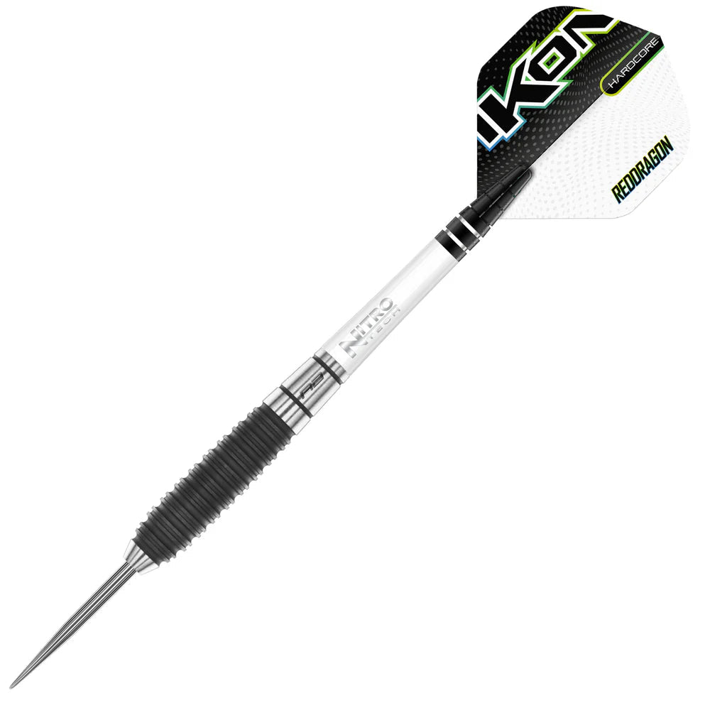 Full view tungsten dart with black ringed grip, silver barrel, and IKON flight on white background
