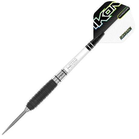 Full view tungsten dart with black ringed grip, silver barrel, and IKON flight on white background