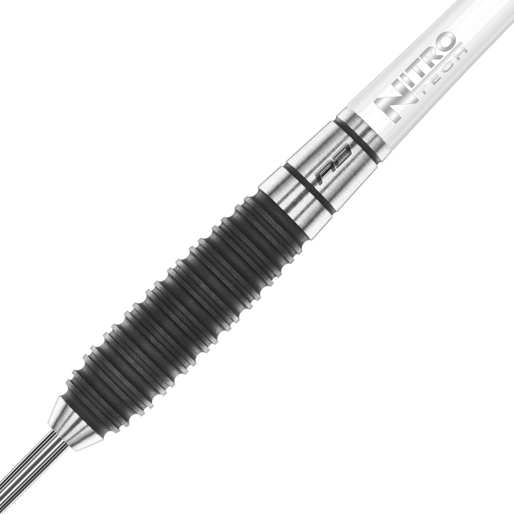 Close-up of dart barrel with atomised black grip rings and silver tungsten finish, highlighting detailed texture for dart players