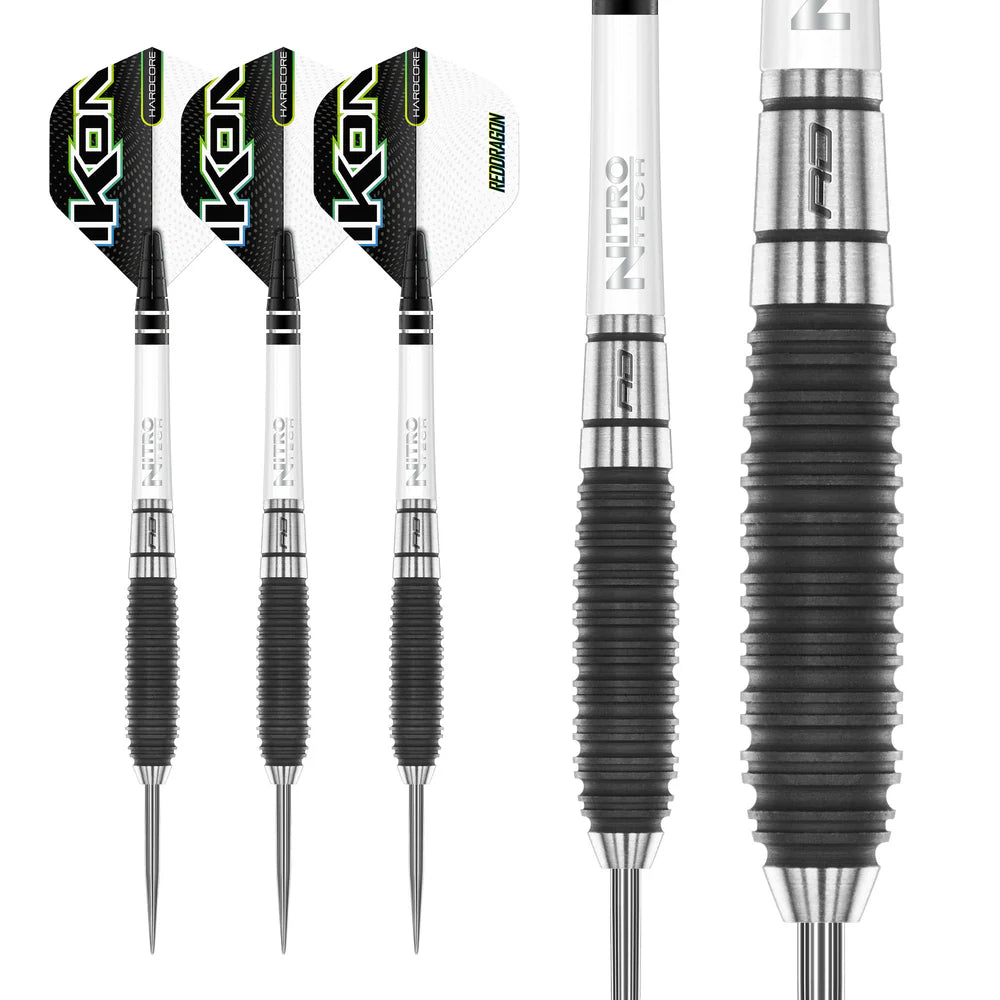 85% tungsten darts isolated on white with close-up of ribbed black barrel grip texture and detailed flight, perfect for dart players