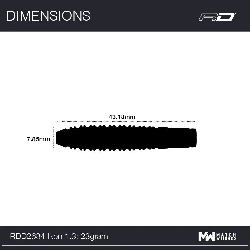 Dart barrel technical diagram showing 43.18mm length and 7.85mm diameter for 85% tungsten Ikon 1.3, silhouette view