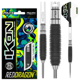 Ikon 1.3 85% tungsten darts full set on white with box, detailed grip texture, flights, and packaging display