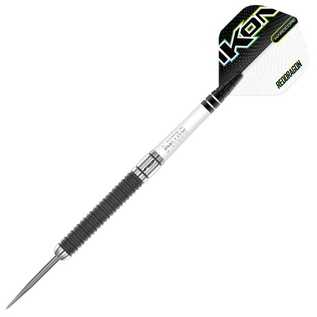Full tungsten dart with atomized grip, grooved barrel, sharp steel tip, and Ikon flight displayed on white background