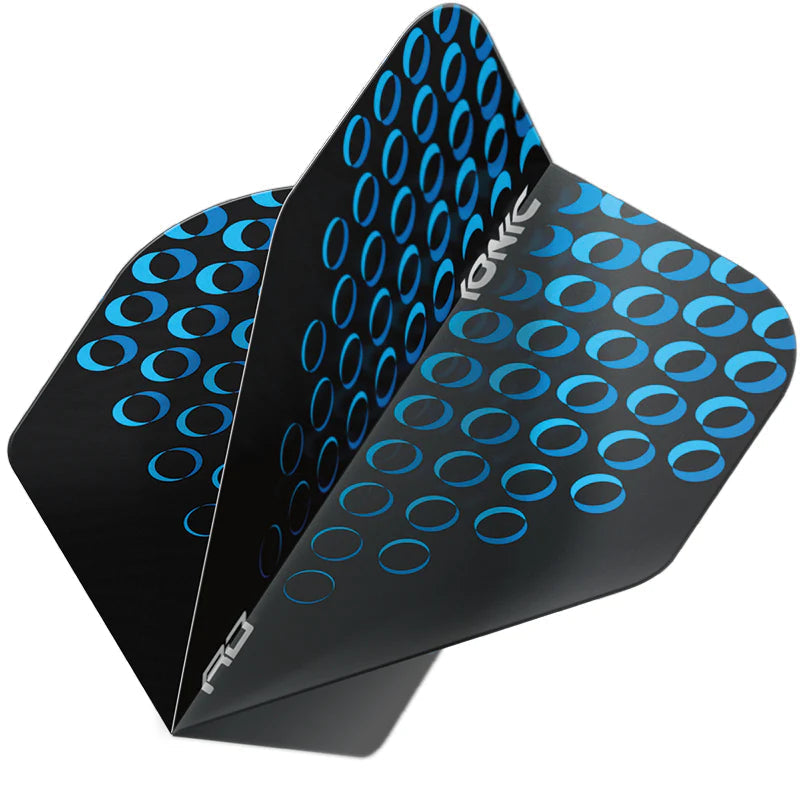 Angled close-up of dart flight with blue circular pattern, sharp edges, and glossy finish, isolated on white background.