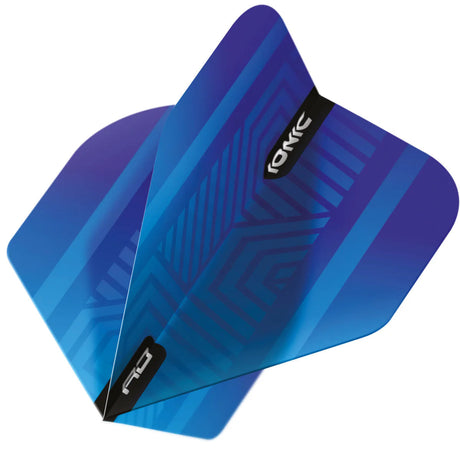 Angled close-up of blue Ionic No.2 dart flights showing 100 micron thickness and geometric flight pattern