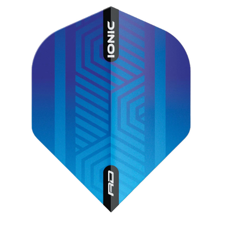 Single Ionic Blue No.2 dart flight full view with vivid blue geometric pattern, isolated on white, highlighting flight shape and design.