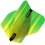 Close-up angled view of three green and yellow No.2 dart flights with geometric design, detailing flight shape and pattern for dart setup
