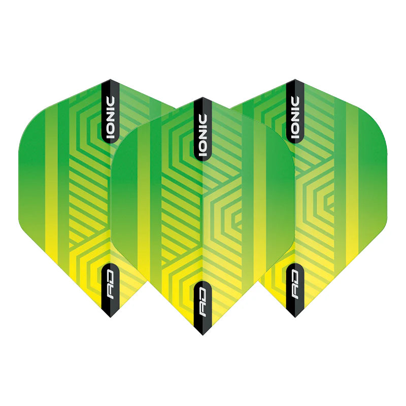 Three Ionic No.2 dart flights green and yellow geometric pattern, full set arranged on white background for darts setup