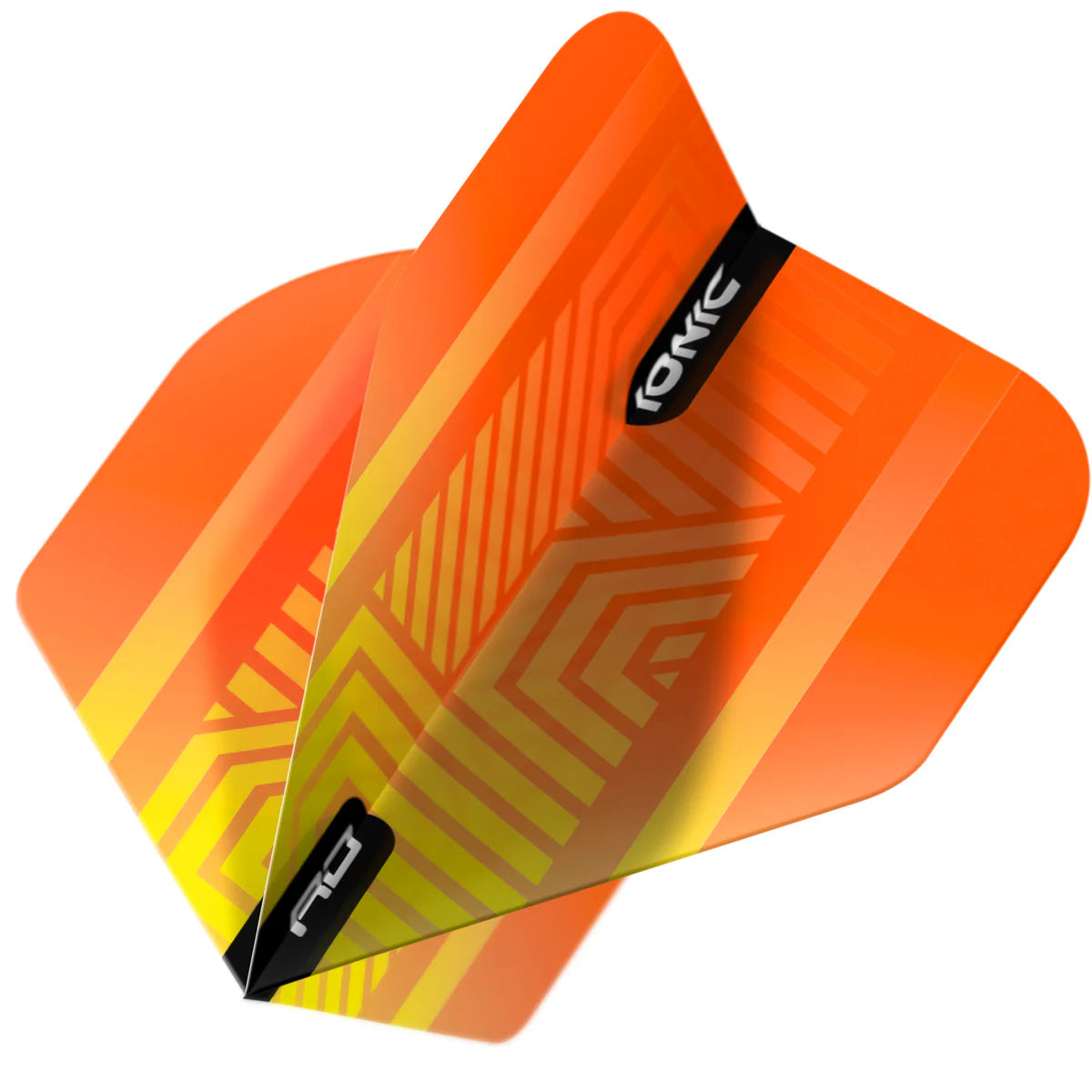 Close-up angled view of Ionic Orange No.2 dart flight with bold orange geometric pattern, highlighting durable 100 micron material