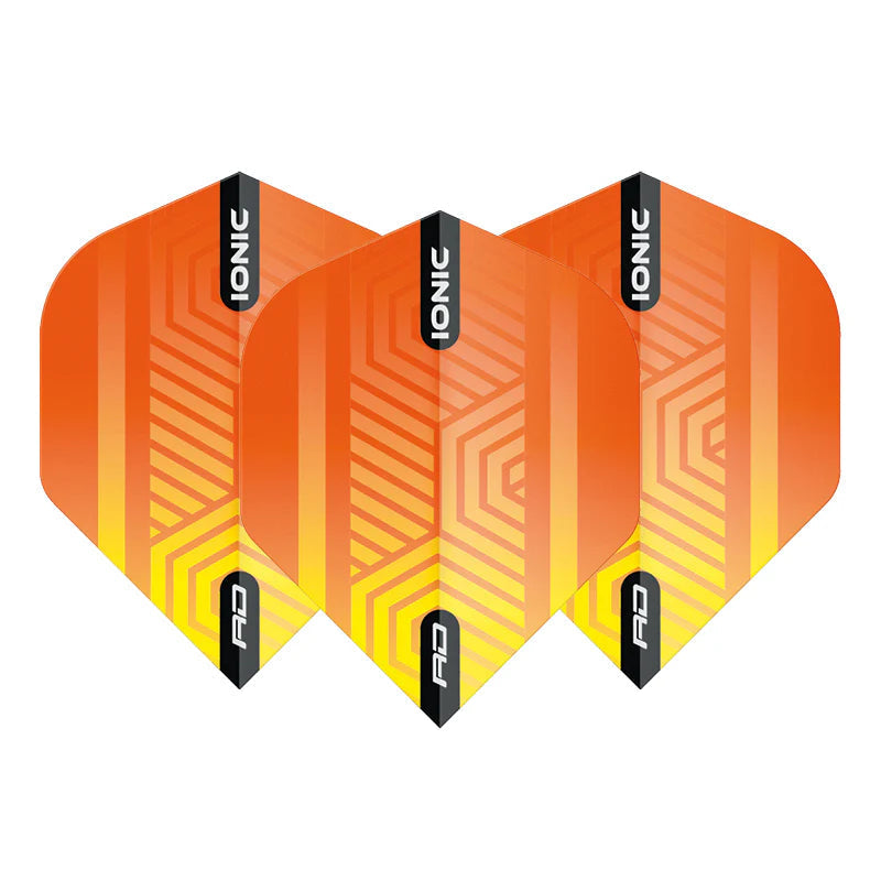 Set of three Ionic Orange No.2 dart flights displayed on white background, showing durable 100 micron material and bold geometric design