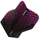 Angled close-up of dart flight with pink circles No.2 pattern, isolated on white background, highlighting vibrant dart flight design