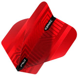 Angled close-up of Ionic Red No.2 dart flight fully opened, showing red geometric pattern and 100 micron thickness, isolated on white background