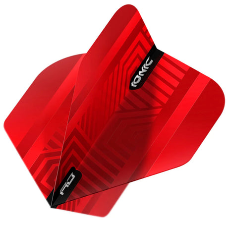 Angled close-up of Ionic Red No.2 dart flight fully opened, showing red geometric pattern and 100 micron thickness, isolated on white background