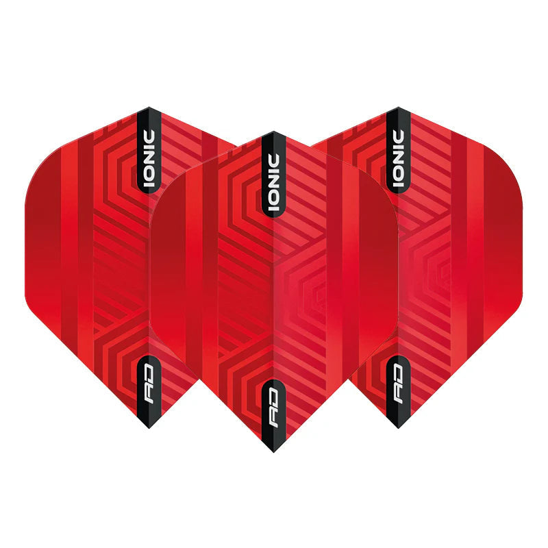 Set of three Ionic red No.2 dart flights displayed side by side on white, featuring 100 micron geometric pattern for dart accuracy