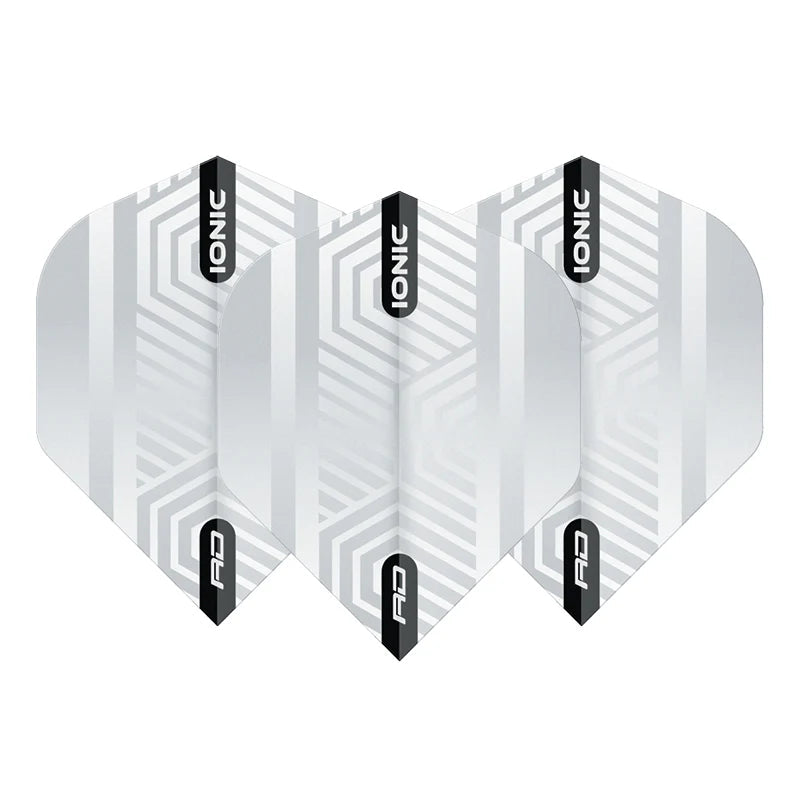 Three Ionic White No.2 dart flights arranged side by side, geometric design, isolated on white for dart setup comparison