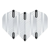 Three Ionic White No.2 dart flights arranged side by side, geometric design, isolated on white for dart setup comparison