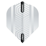 No.2 shape dart flight with white geometric design, Ionic branding, full front view isolated on white for dart accessories