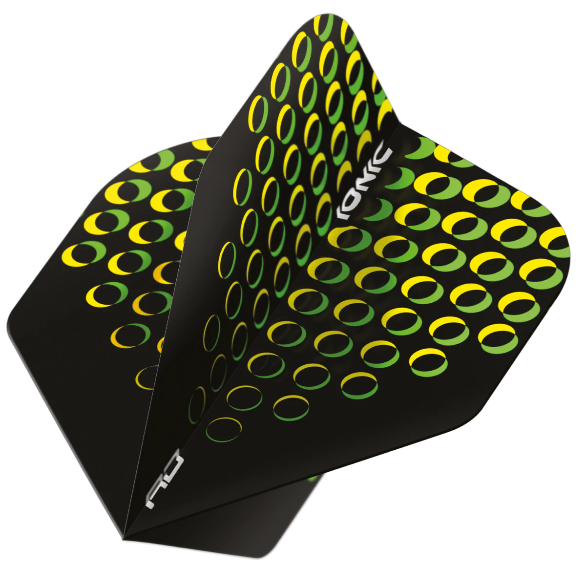 Angled close-up of No.2 dart flight with yellow green circle design, sharp edges, isolated for dart accessory detail