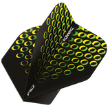 Angled close-up of No.2 dart flight with yellow green circle design, sharp edges, isolated for dart accessory detail
