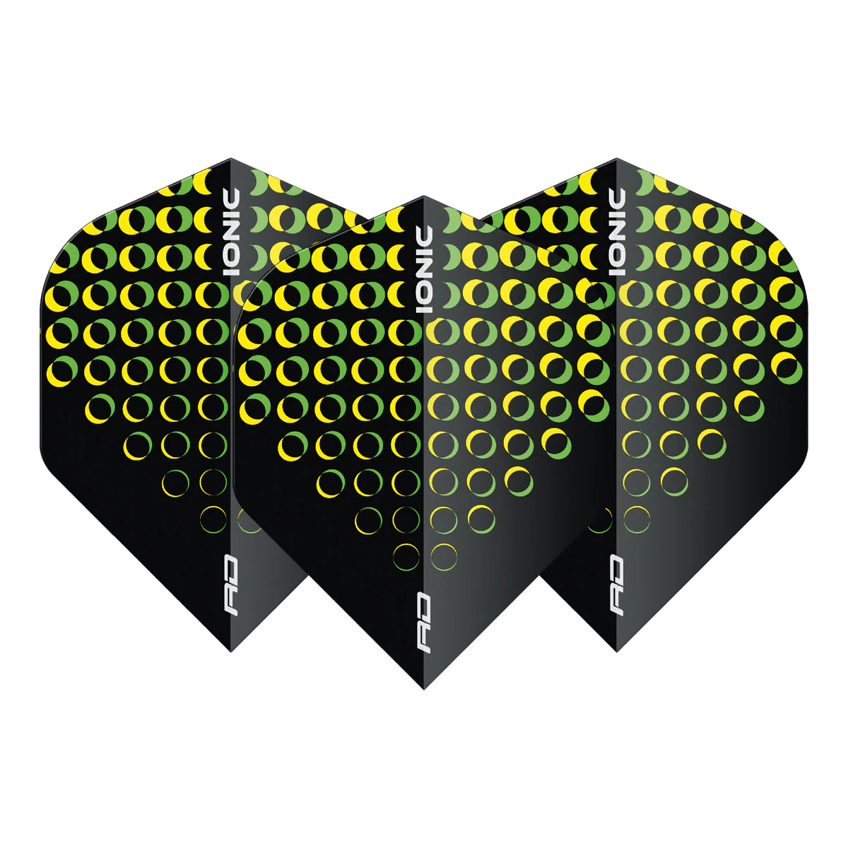 Three black No.2 dart flights with bold yellow circle pattern, full front view, arranged side by side, ideal for maximizing dart stability