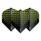 Three black No.2 dart flights with bold yellow circle pattern, full front view, arranged side by side, ideal for maximizing dart stability