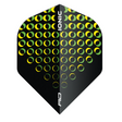 Black dart flight with yellow circular pattern, No.2 shape, full view isolated on white background, ideal for darts players