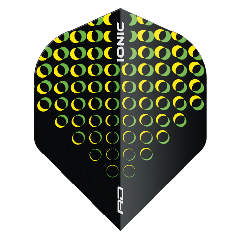 Black dart flight with yellow circular pattern, No.2 shape, full view isolated on white background, ideal for darts players