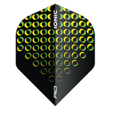Black dart flight with yellow circular pattern, No.2 shape, full view isolated on white background, ideal for darts players