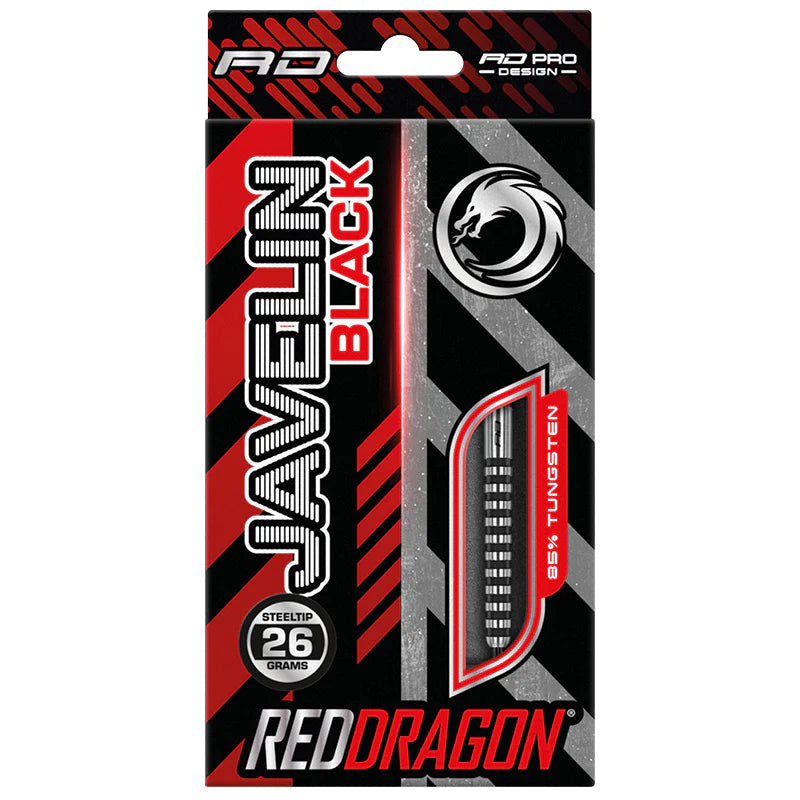 Javelin Black 85% tungsten darts in retail box packaging, window displaying ring grip barrel, 26 grams steel tip