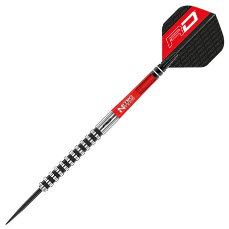Single 85% tungsten dart full view on white background, black ringed grip barrel, red nitro tech shaft, black and red RD flight