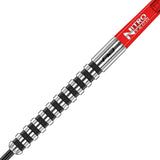 Close-up of Javelin Black tungsten dart barrel with black ring grip texture and seamless modern design, isolated on white background