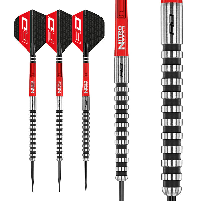 Full view of three 85% tungsten darts plus a barrel close-up showing black ring grip pattern for enhanced dart control