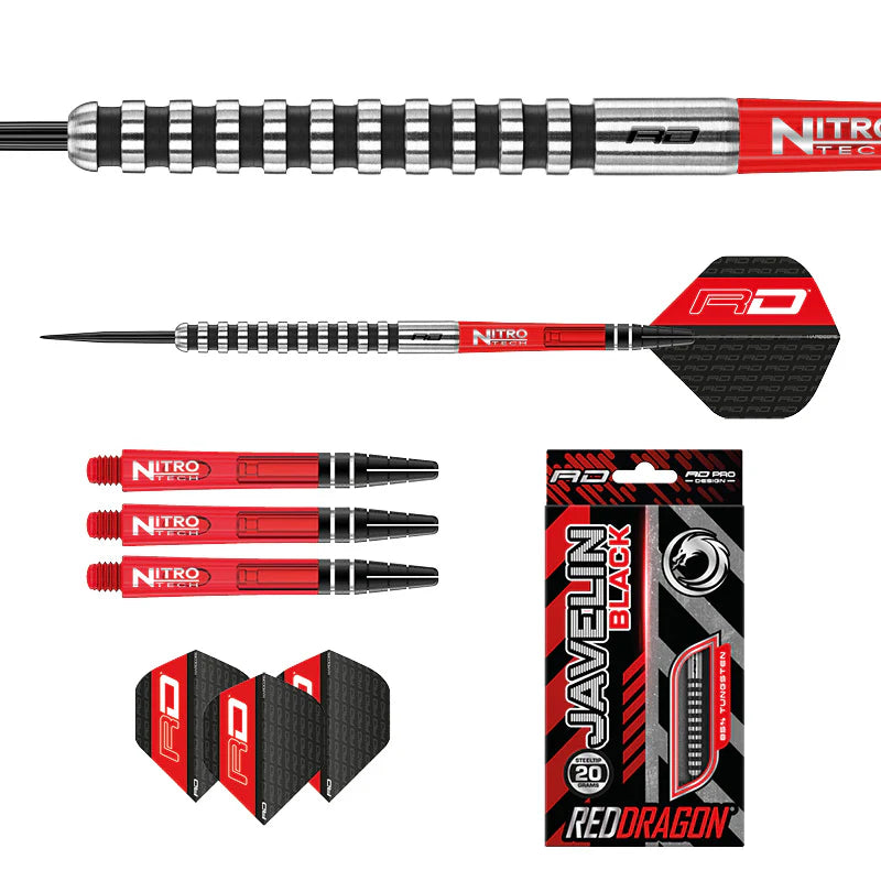 85% tungsten steel tip darts set with detailed barrel grip close-up, full dart profile, spare red shafts, black and red flights, and retail packaging
