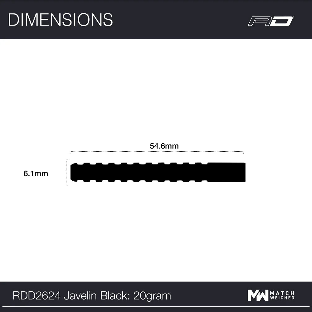 Dart barrel side profile silhouette with 54.6mm length and 6.1mm diameter shown on white, highlighting Javelin Black tungsten dart dimensions