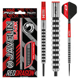Javelin Black 85% tungsten darts with black ring grip barrels, red flights, and retail packaging, steeltip shown on white background