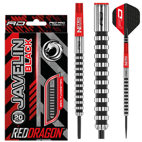 Javelin Black 85% tungsten darts with black ring grip barrels, red flights, and retail packaging, steeltip shown on white background