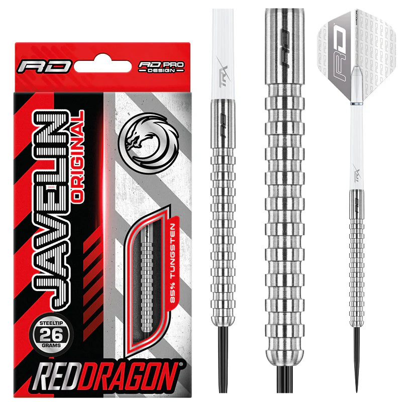 Steel tip tungsten darts set with ringed barrel grip, displayed in packaging and fully assembled, isolated on white background