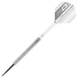 Angled full view of 85% tungsten dart with black ringed barrel and white flight, isolated on white background.