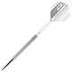 Angled full view of 85% tungsten dart with black ringed barrel and white flight, isolated on white background.
