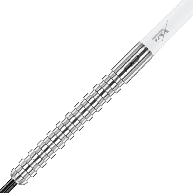 Close-up of 85% tungsten dart barrel with black seamless ring grip, angled view, isolated on white for dart players