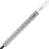 Close-up of 85% tungsten dart barrel with black seamless ring grip, angled view, isolated on white for dart players