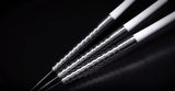 Close-up angled view of three 85% tungsten darts showing grooved ring grip barrels and white shafts, isolated on black background