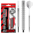 85% tungsten darts set with black ringed barrels, steeltip, packaging, and full dart with RD flights on white background