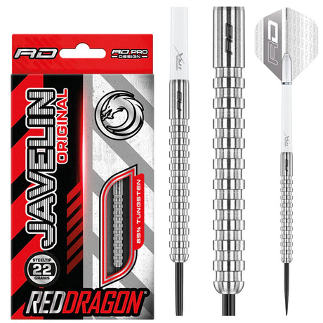 85% tungsten darts set with black ringed barrels, steeltip, packaging, and full dart with RD flights on white background