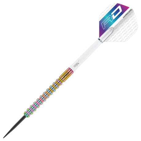 Full view tungsten dart with rainbow ringed grip, black point, and RD flight on white background