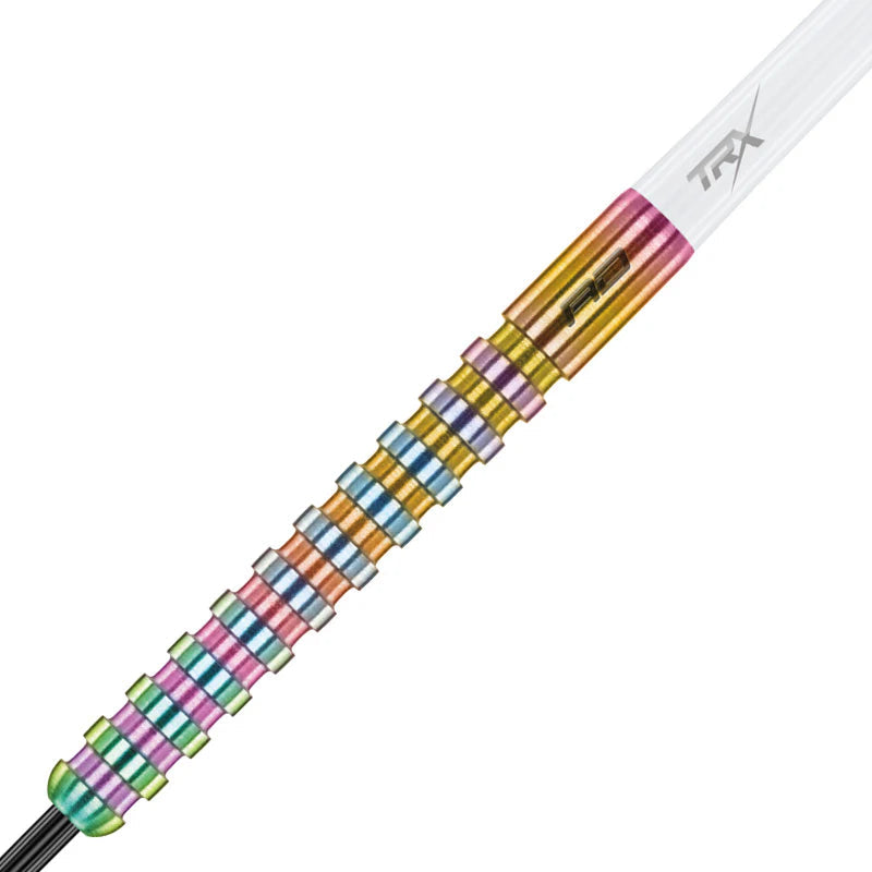 Close-up of tungsten dart barrel showing rainbow ring grip texture and detailed grooves for enhanced dart control